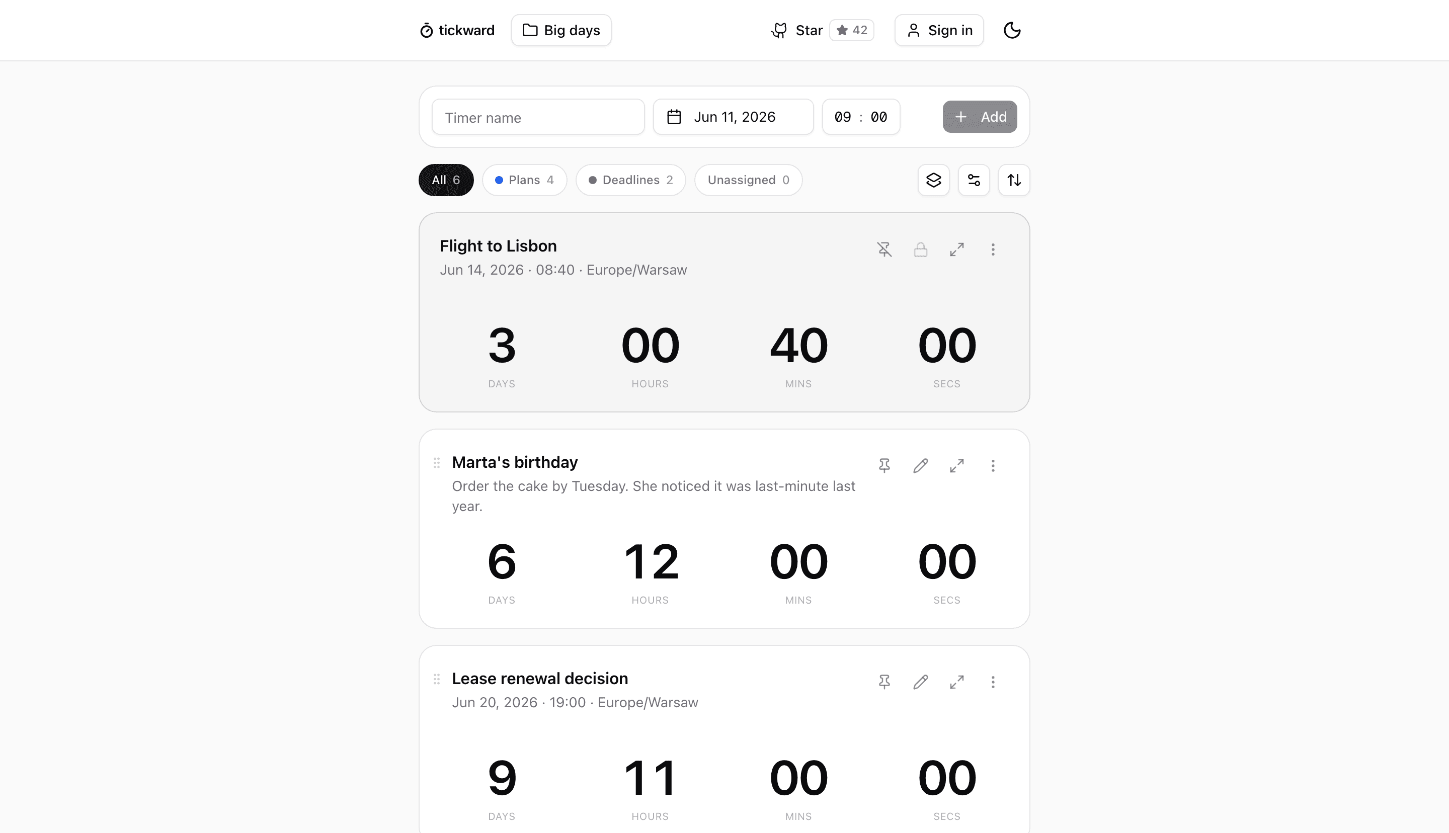 countdown timer for churches in the tickward app