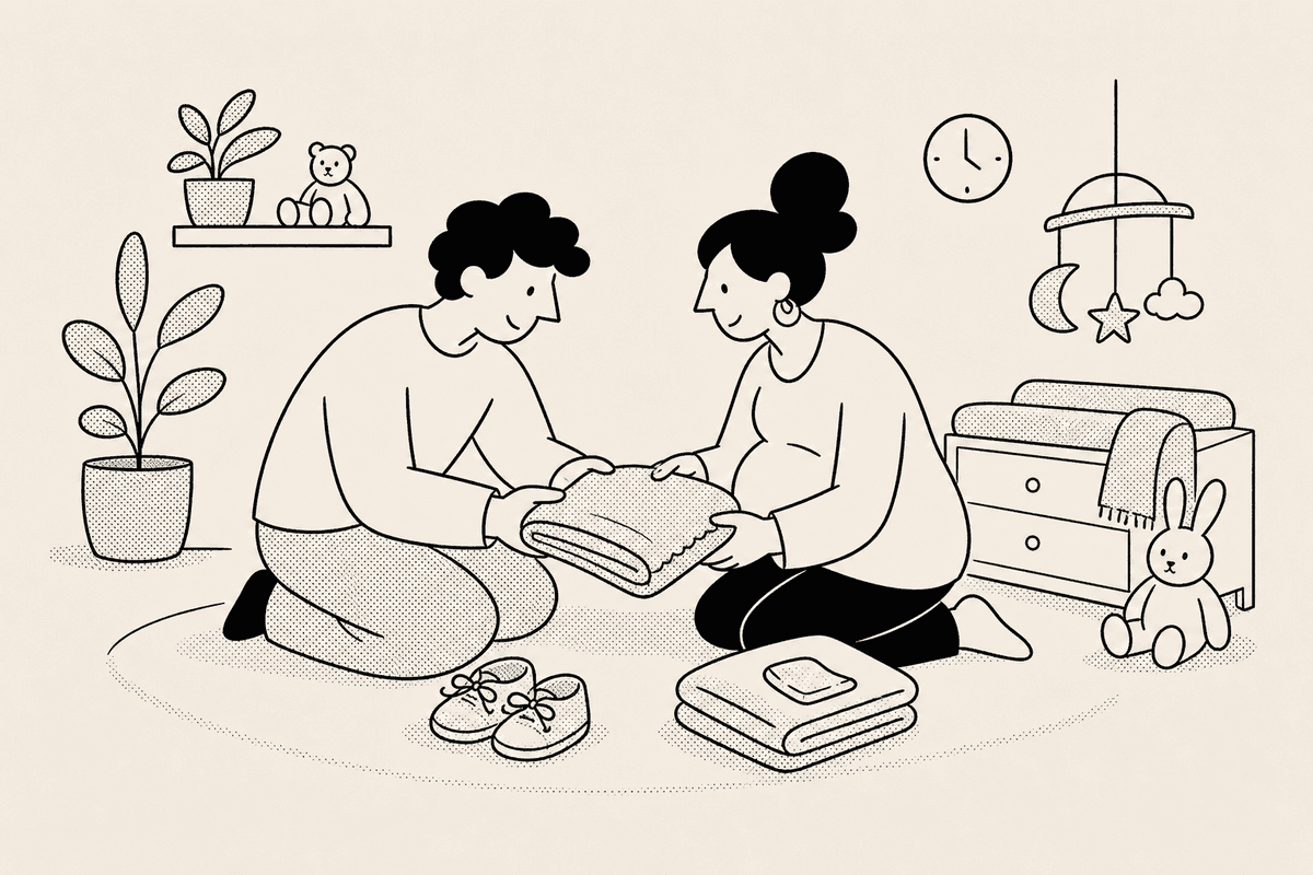 Expecting parents folding a tiny blanket for a baby due date countdown