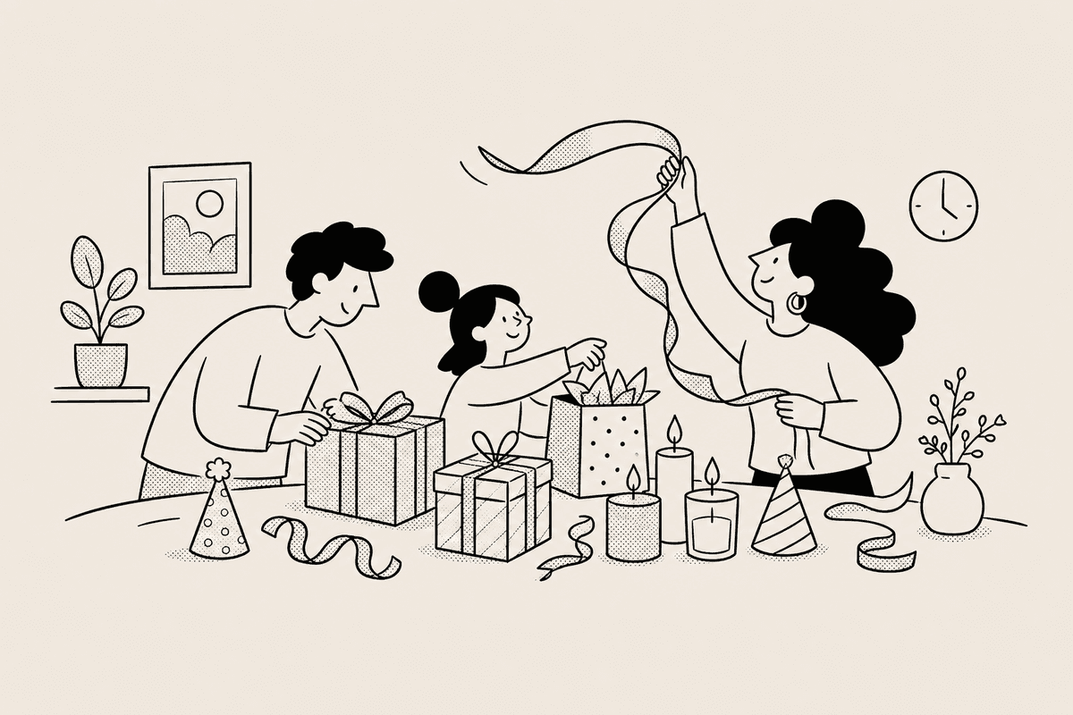 Family decorating with gifts and candles for a birthday countdown