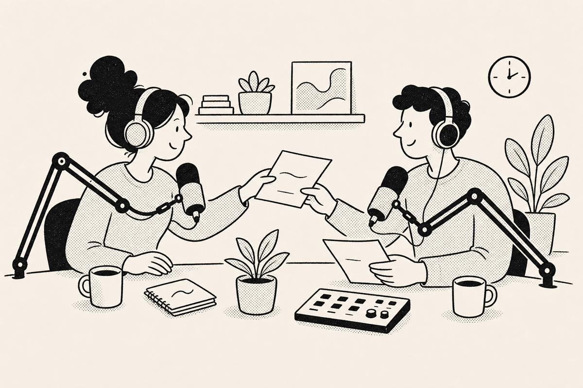 Two podcasters trade show notes across a table while microphones, headphones, and a countdown timer for podcasters sit nearby