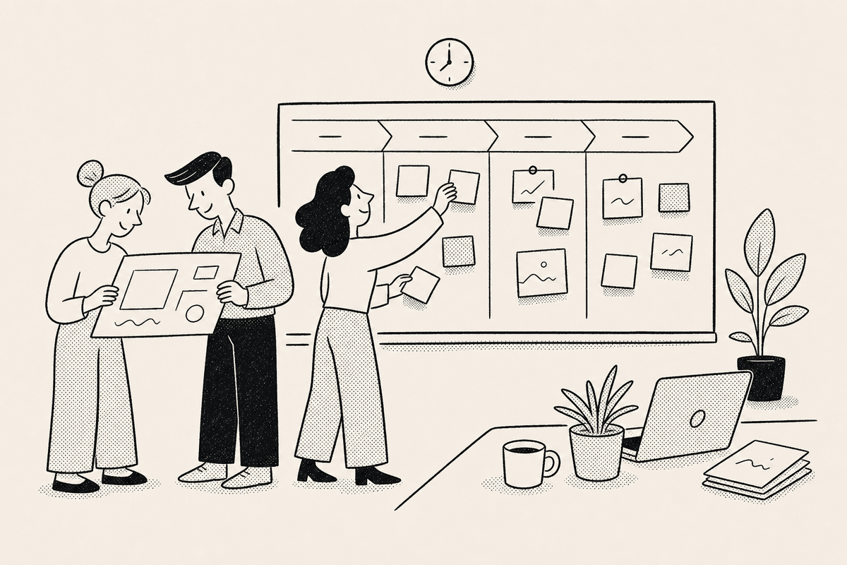 A project manager moves sticky notes across a kanban board while teammates review a countdown timer for project managers