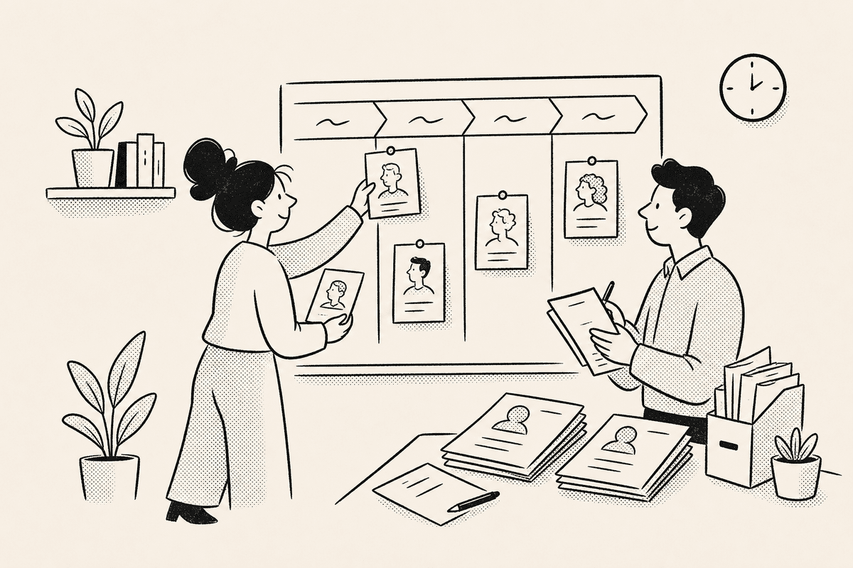A recruiter organizes candidate cards, resumes, and a calendar page for a countdown timer for recruiters