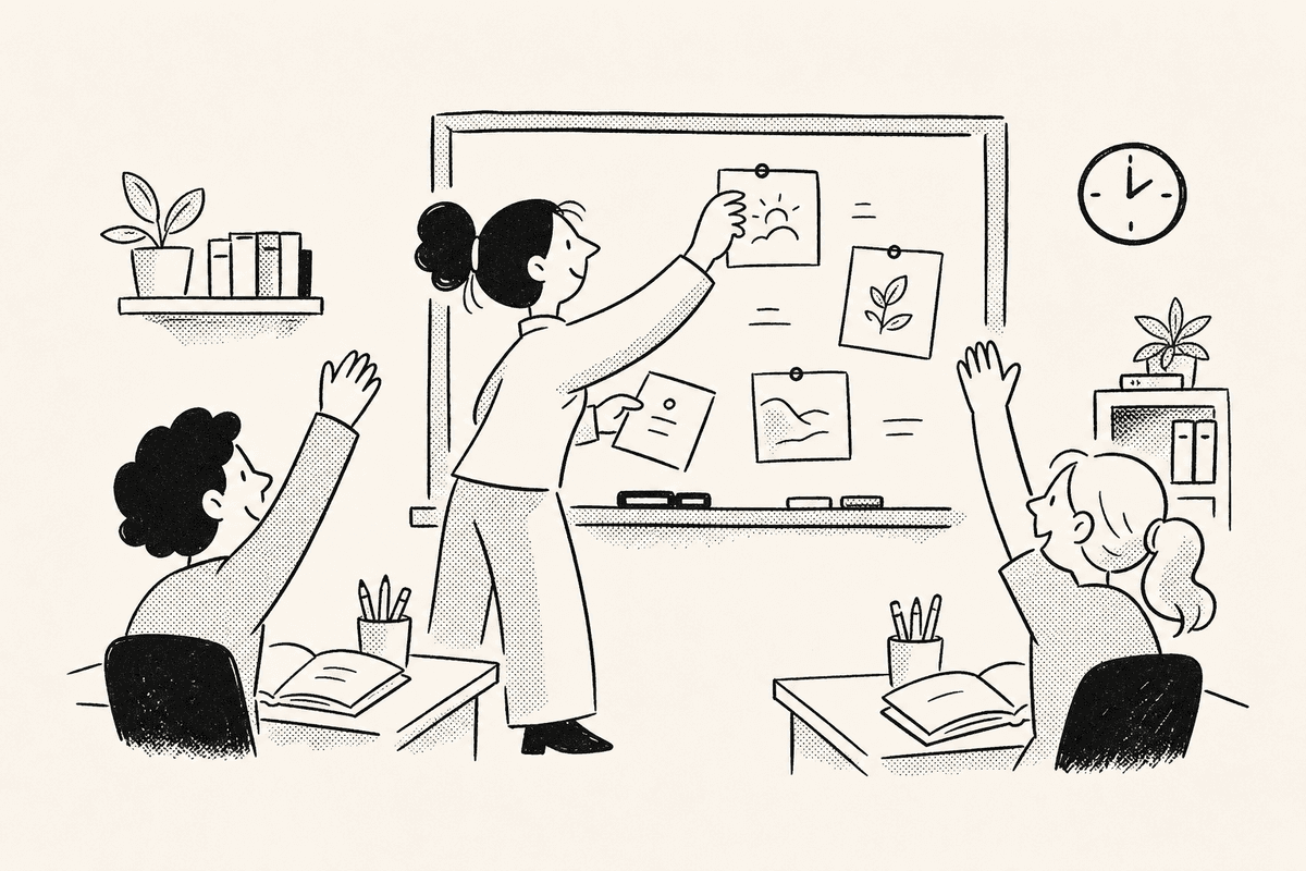 A teacher points to lesson cards beside a countdown timer for teachers while students raise their hands