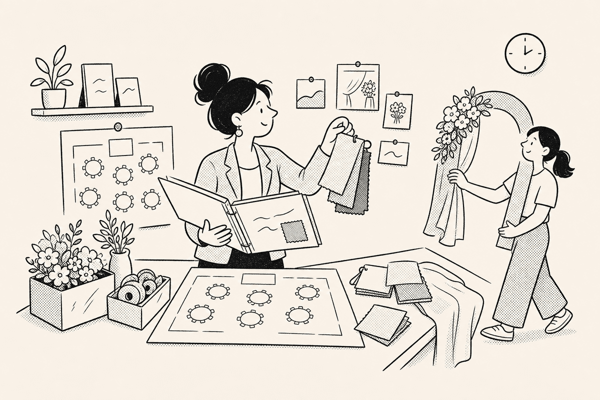 A wedding planner reviews a seating chart and flower boxes for a countdown timer for wedding planners