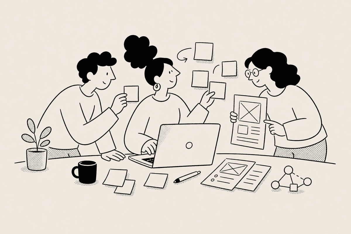 Teammates moving sticky notes and package mockups for a product launch countdown