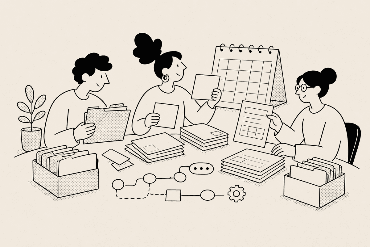 Operations teammates sorting reports and invoices for a recurring countdown timer