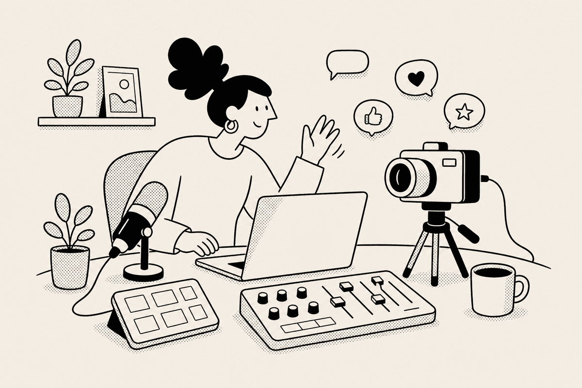 Creator waving to a camera beside controls for a stream countdown timer