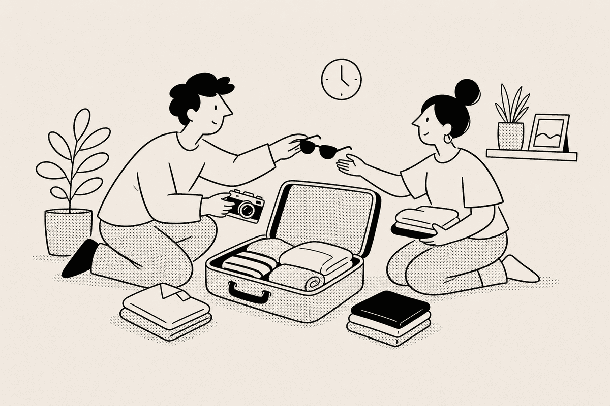 Travelers packing sunglasses and a camera for their vacation countdown