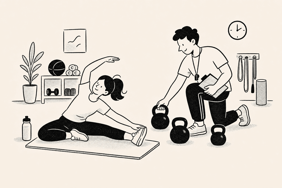 A coach sets out kettlebells and a workout board beside a countdown timer for fitness while a client stretches on a mat.