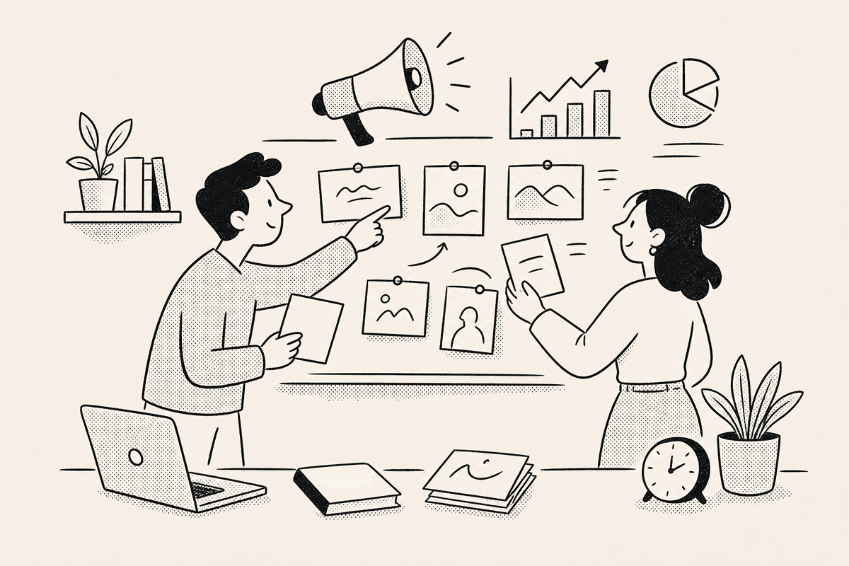 Two marketers arrange campaign cards and a megaphone beside a countdown timer for marketers