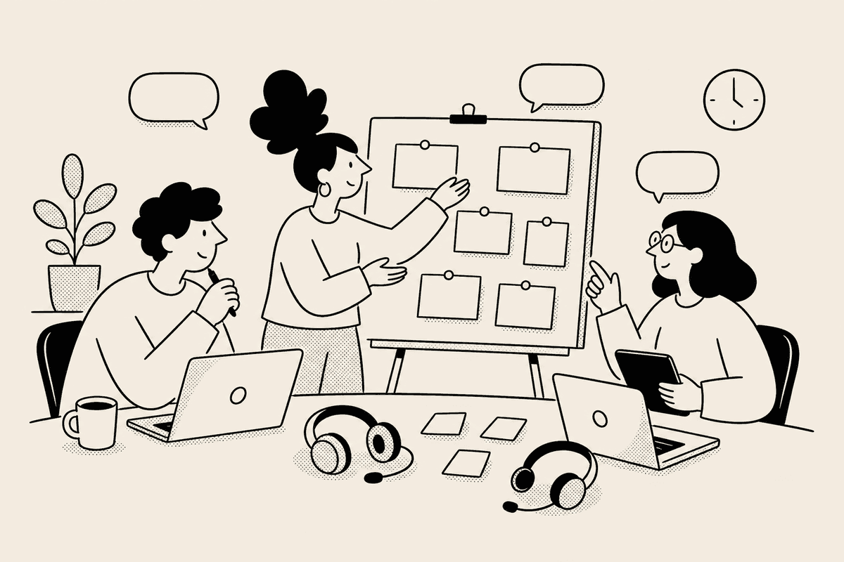 Teammates gesturing around agenda cards for a countdown timer for meetings