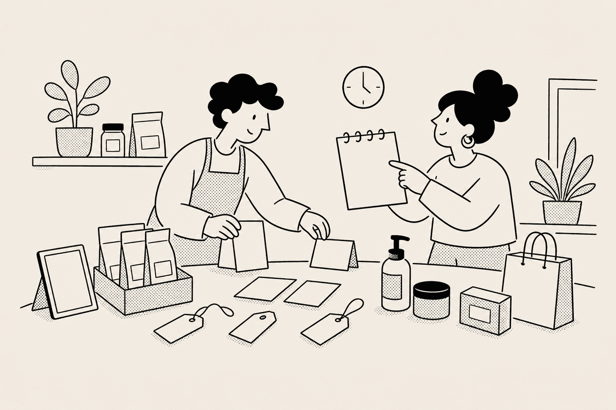 Store owner arranging product cards and tags for a sale countdown timer
